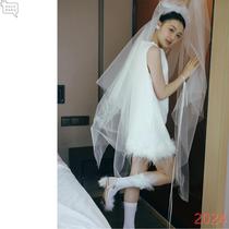 2024 new travel photography light wedding dress forest style short niche feather sweet style certificate small white skirt registration dress summer