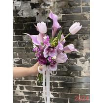 Purple Pink Little Gongzhi holding flowers in hand simulated calla lily and tulip flowers Korean style wedding photography