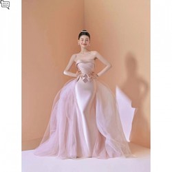 New studio photo theme clothing couple's indoor simple tube top pink fishtail satin wedding gauze dress