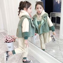 Hong Kong Girls' Winter Sports Wear Suit 2021 New Foreign Style Fashion Little Girl Plus Cashmere Thickened Three-Piece Set
