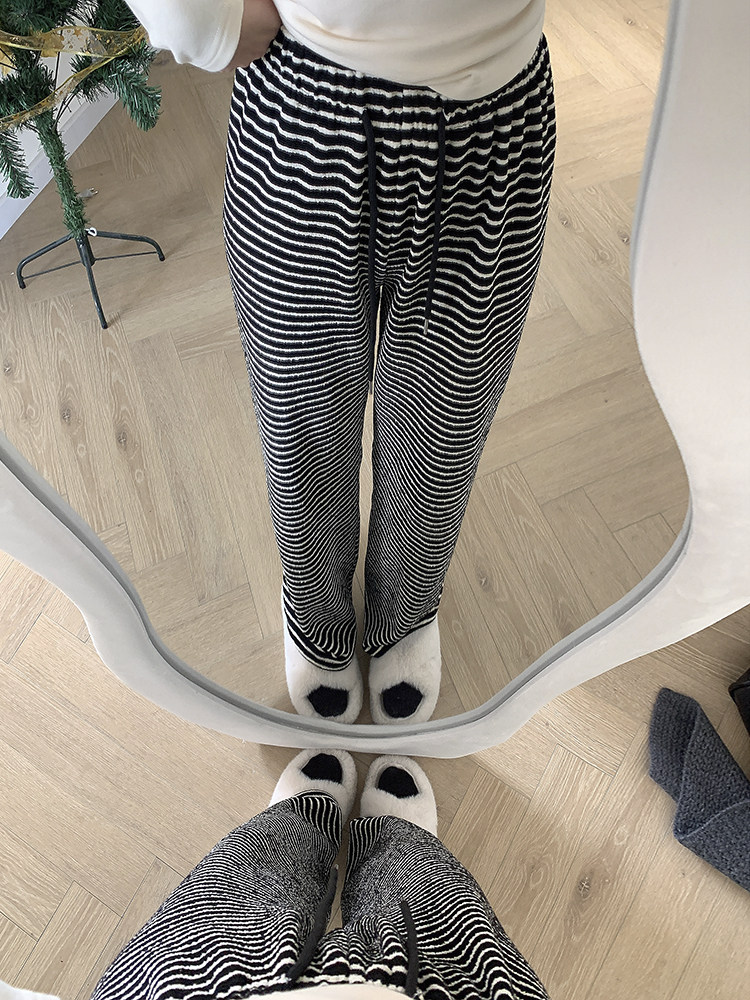 春季2023新款宽松显瘦直筒阔腿裤杏色高腰条纹垂感休闲裤女裤子潮详情20