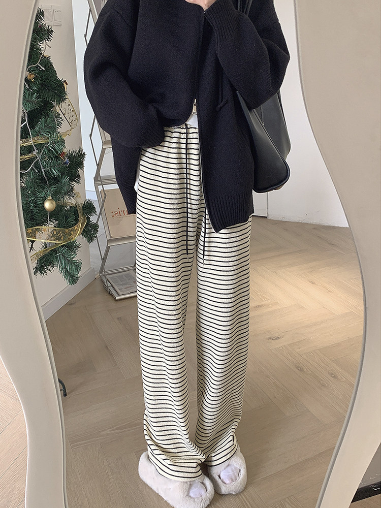 春季2023新款宽松显瘦直筒阔腿裤杏色高腰条纹垂感休闲裤女裤子潮详情10