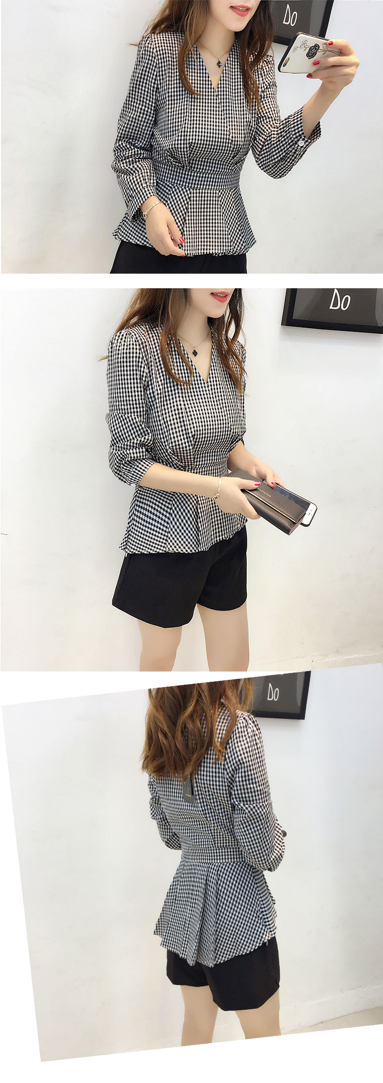 Áo sơ mi kẻ sọc nhỏ tay xòe nữ 2018 Mới Slim Fit Eo V Quần áo cổ áo Chăm sóc Áo mùa hè Thu sơ mi dài tay họa tiết nữ