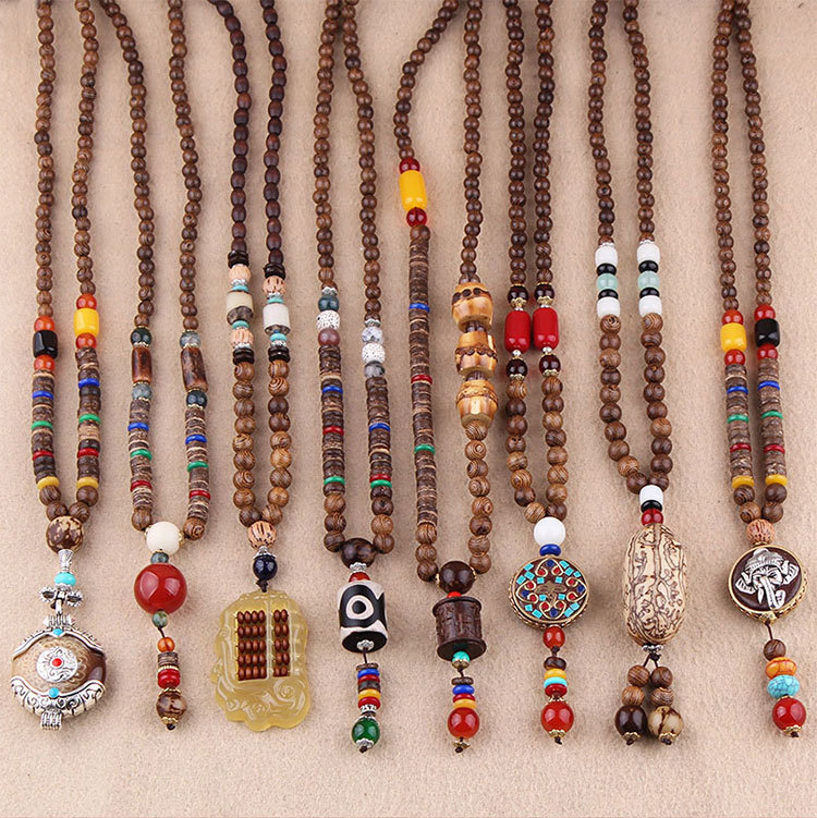 Ethnic Style Retro Necklace Long Wooden Bodhi Bohemian Sweater Chain Unisex Pendant Clothing Accessory