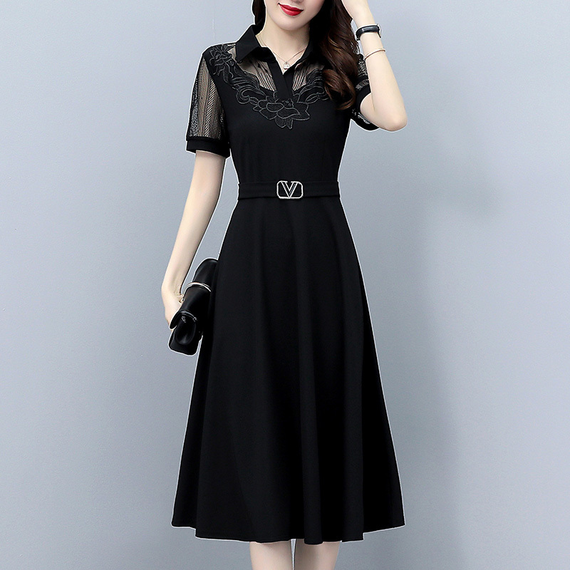 Lace Embroidered Shirt Collar Dress for Women, Summer 2025 New Style, Plus-Size Women's Fashion, Elegant and Age-Reducing Dress That Hides the Belly