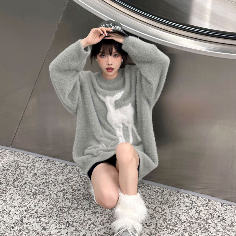 [Clearance] Osmosis American-Style Loose Sweater Gray Round-Neck Knit Top Casual Style Couple's Autumn and Winter Wear