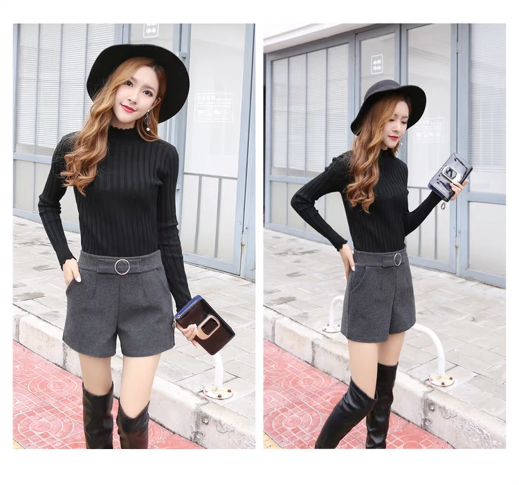 Thu đông 2018 mới quần short len ​​nữ phiên bản cao của Hàn Quốc là quần lửng ống rộng giản dị hoang dã mặc quần ống rộng ống quần quần sooc bò nữ