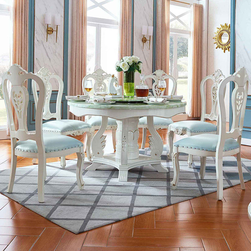 All solid wood dining table and chair combination marble modern simple family round dining table small apartment with turntable dining table