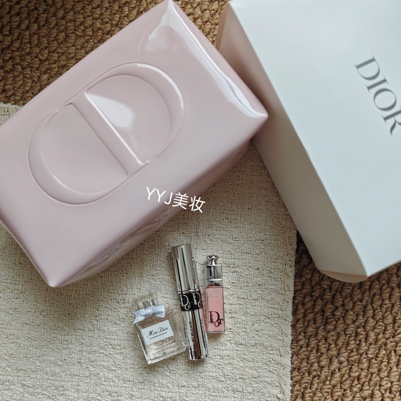 In Stock! Dior Dior Makeup Three-Piece Set Pink Zipper Makeup Bag 5ml Dior Flower 001 Lip Gloss