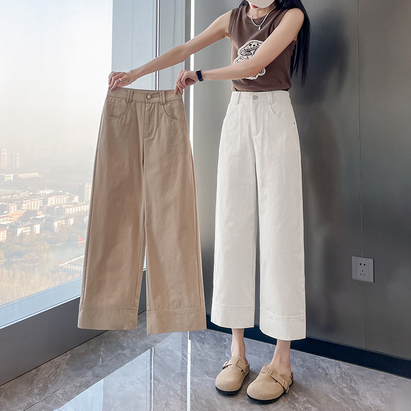 Pure Cotton Cropped Straight-Leg Pants for Petite Women, Summer Thin 2026 New Style, High-Waisted, Slimming, Loose Fit, Plus-Size Casual Nine-Point Pants