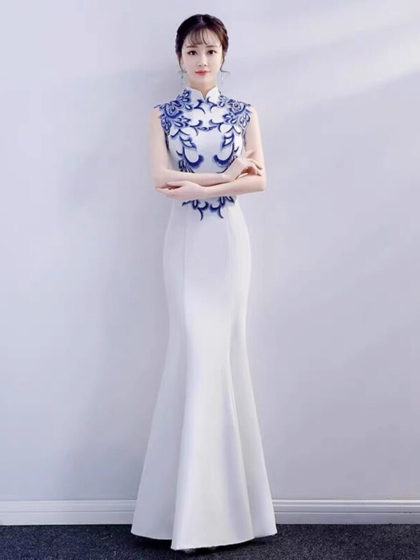 White Cheongsam Beauty Model Catwalk Performance Fishtail Girl Long Modified Chinese Style Evening Dress Nightclub Ktv