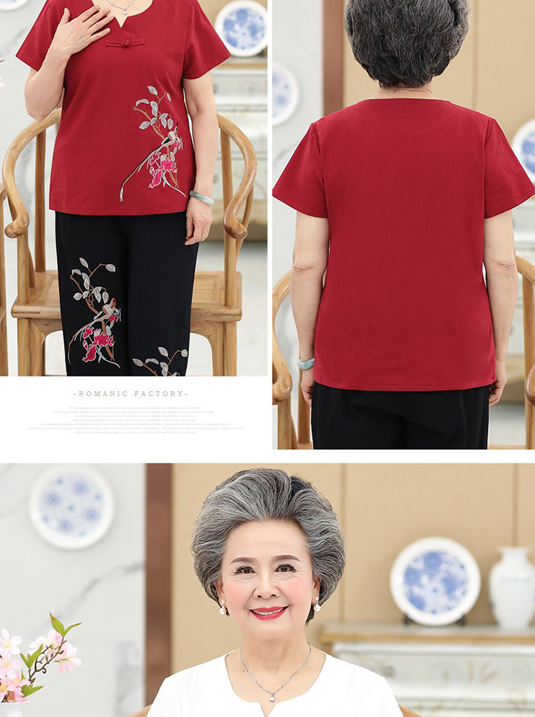 Bà ngoại mặc đồ mùa hè bằng vải cotton và vải lanh hai mảnh cho phụ nữ trung niên mẹ mùa hè ông già quần áo vợ 60 tuổi 70 - Quần áo của mẹ áo thun nữ trung niên