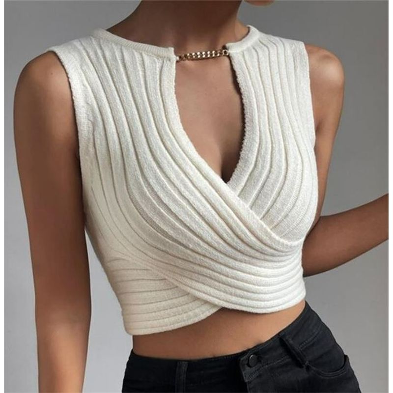ins European and American Fashion Sexy Slim-Fit Knitted Vest Short Top for Women Crop Knit Tank Top Women
