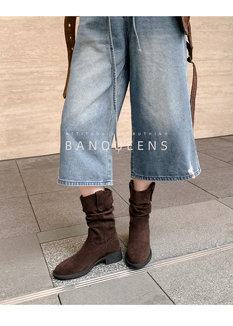 Западные Boots 真皮版！半曲西部牛仔靴2025年秋季美拉德短靴子中筒靴堆堆靴女靴