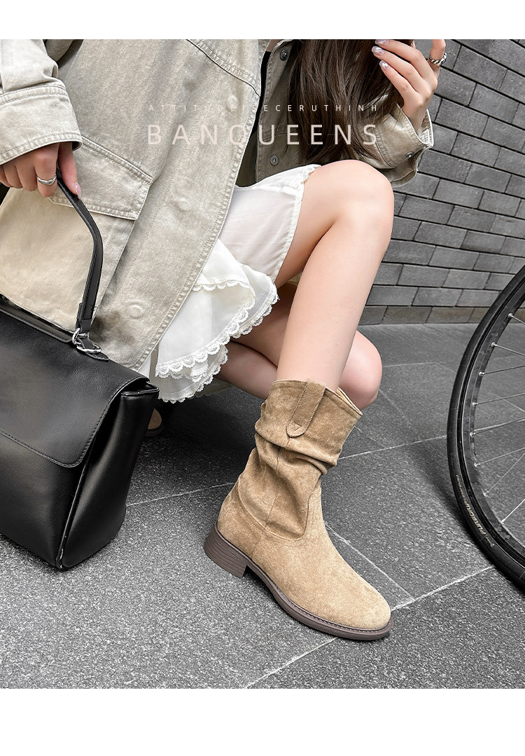 Западные Boots 真皮版！半曲西部牛仔靴2025年秋季美拉德短靴子中筒靴堆堆靴女靴