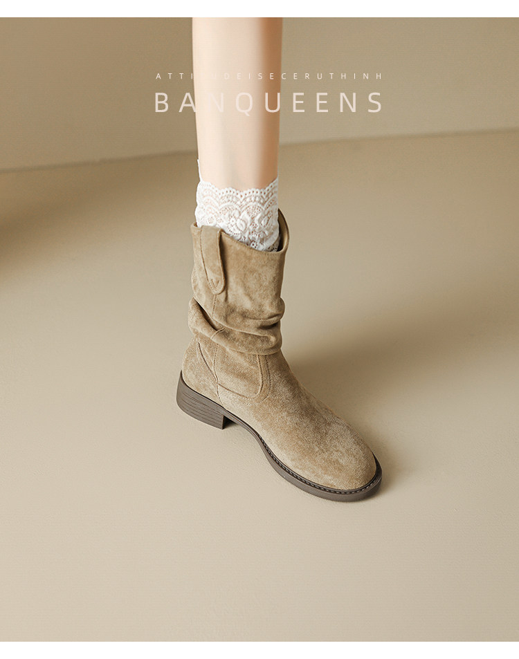 Западные Boots 真皮版！半曲西部牛仔靴2025年秋季美拉德短靴子中筒靴堆堆靴女靴