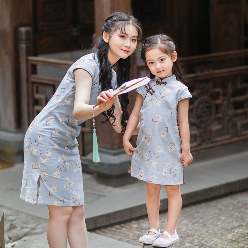 Qibo girls cheongsam summer Chinese style baby girl child Tang suit girl big child parent-child dress cheongsam skirt mother and daughter dress