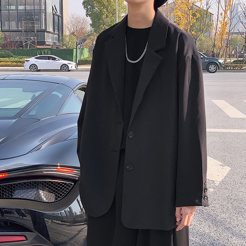 Spring and autumn Hong Kong style small suit men's jacket loose ins high-end sense large size casual ruffian handsome black suit jacket - Taobao