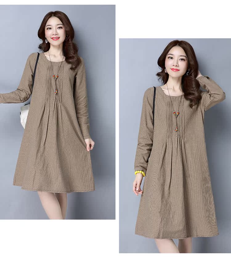 Chất liệu cotton và vải lanh Hàn Quốc phiên bản dài vừa phải của vải lanh retro dài một chiếc váy mùa xuân 2019 mới cho phụ nữ áo dài tay 3207 - A-Line Váy váy chữ a cho người béo