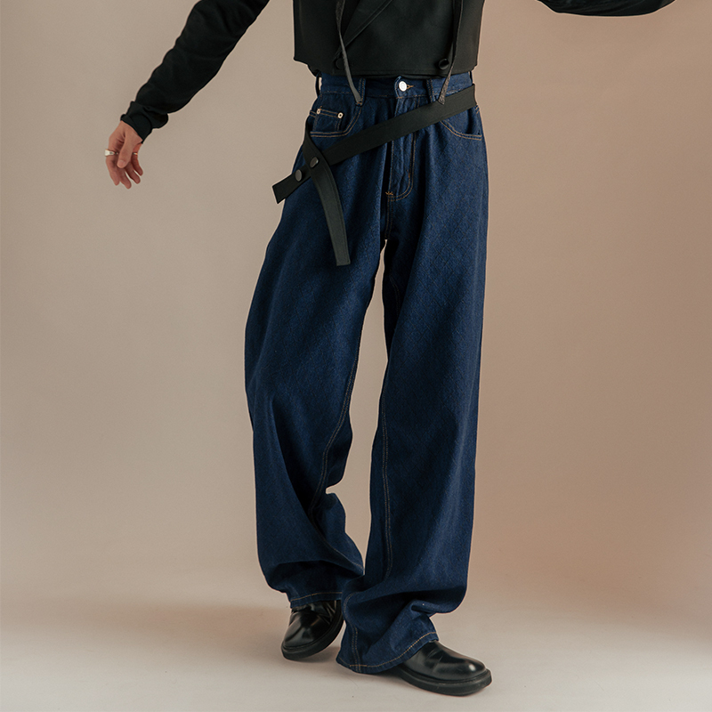 Miki Gongbai Retro Wide-Leg Jeans for Men, Dark Blue Diamond Pattern, Loose and Drapey Straight-Leg Pants, Trendy High Street Style Miki Gongbai Retro Wide-Leg Jeans for Men, Dark Blue Diamond Pattern, Loose and Drapey Straight-Leg Pants, Trendy High Street Style