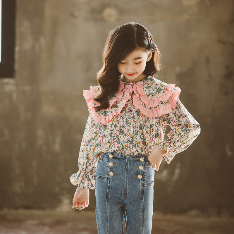 Girl Pure Cotton Shirt 2022 Spring Dress New CUHK Child Crumbed Flowers Foreign Pie Spring Autumn Long Sleeve Blouse Children Shirt Tide