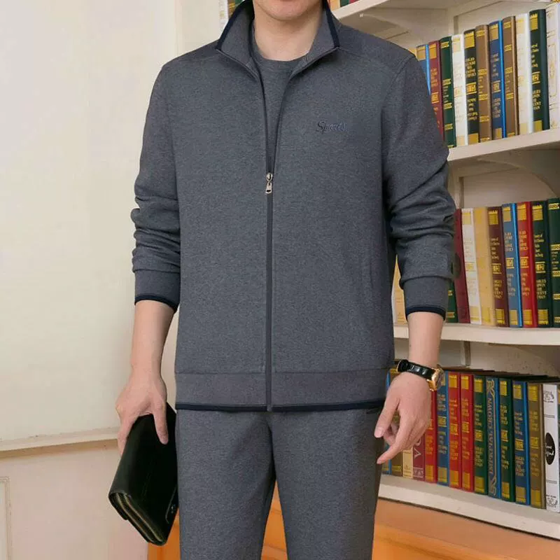 Bộ đồ thể thao nam mùa xuân và mùa thu Bộ đồ thể thao giản dị dành cho người trung niên và người cao tuổi áo len dài tay cộng với lông cừu và quần áo dày của người cha shop đồ nam đẹp