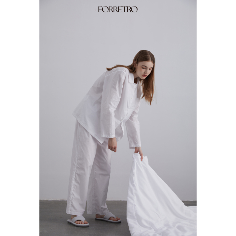 Forretro Moonlight White Long-Staple Cotton Lazy Minimalist Retro Fashionable Shorts Long-Sleeve Wearable Outdoors Homewear