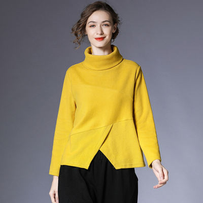 A loose, long-sleeved, high-neck yellow base layer shirt for 2026 spring collection, a new women's large-sized knitted sweater that looks slimming