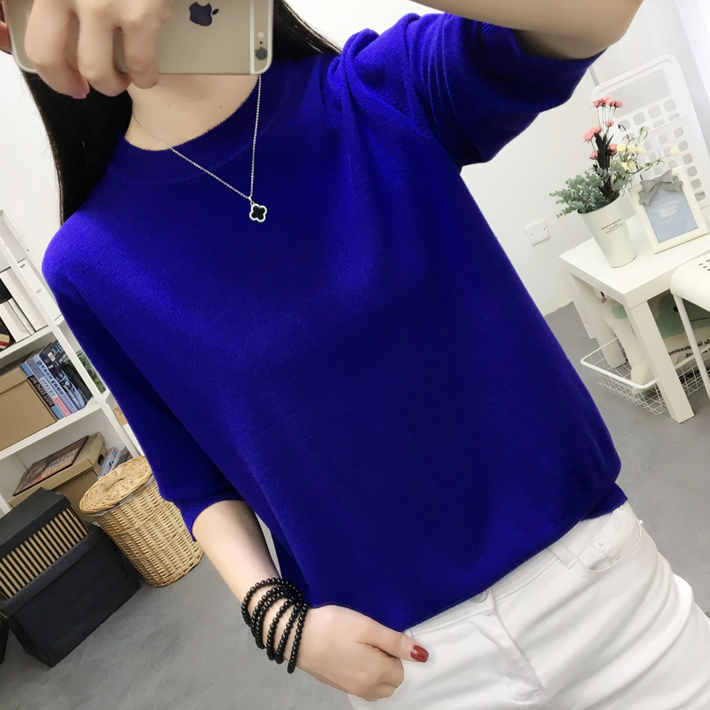 New Knitted Sweater for Women, Autumn Women's Clothing, Round Neck, Loose Pullover Top, Mid-Sleeve Base Shirt, Thin Style