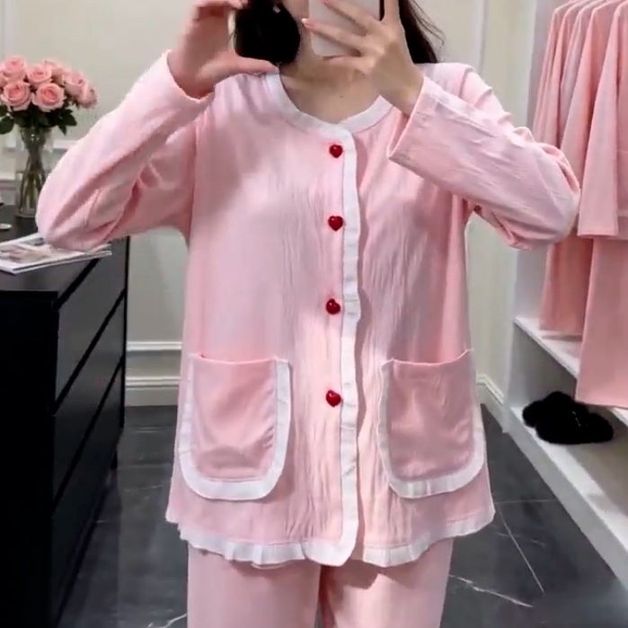 Korean Style Gentle Pink Cardigan Pajama Set for Women 2026 Spring, Autumn, and Winter Age-Reducing Loose Slimming Comfortable Loungewear