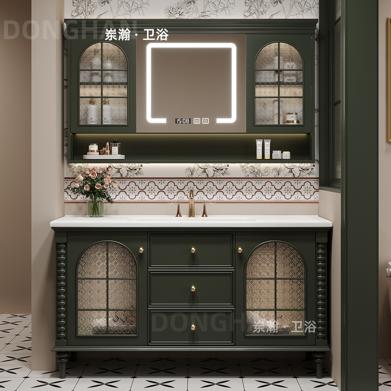 French-Style Vintage Oak Bathroom Cabinet Set, Solid Wood Floor-Standing Bathroom Vanity with Integrated Ceramic Basin