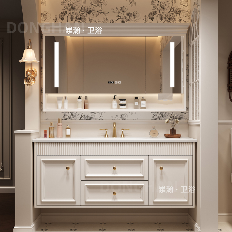 French-Style Oak Light Luxury Bathroom Cabinet Set with Integrated Ceramic Basin Vanity in Cream Style French-Style Oak Light Luxury Bathroom Cabinet Set with Integrated Ceramic Basin Vanity in Cream Style