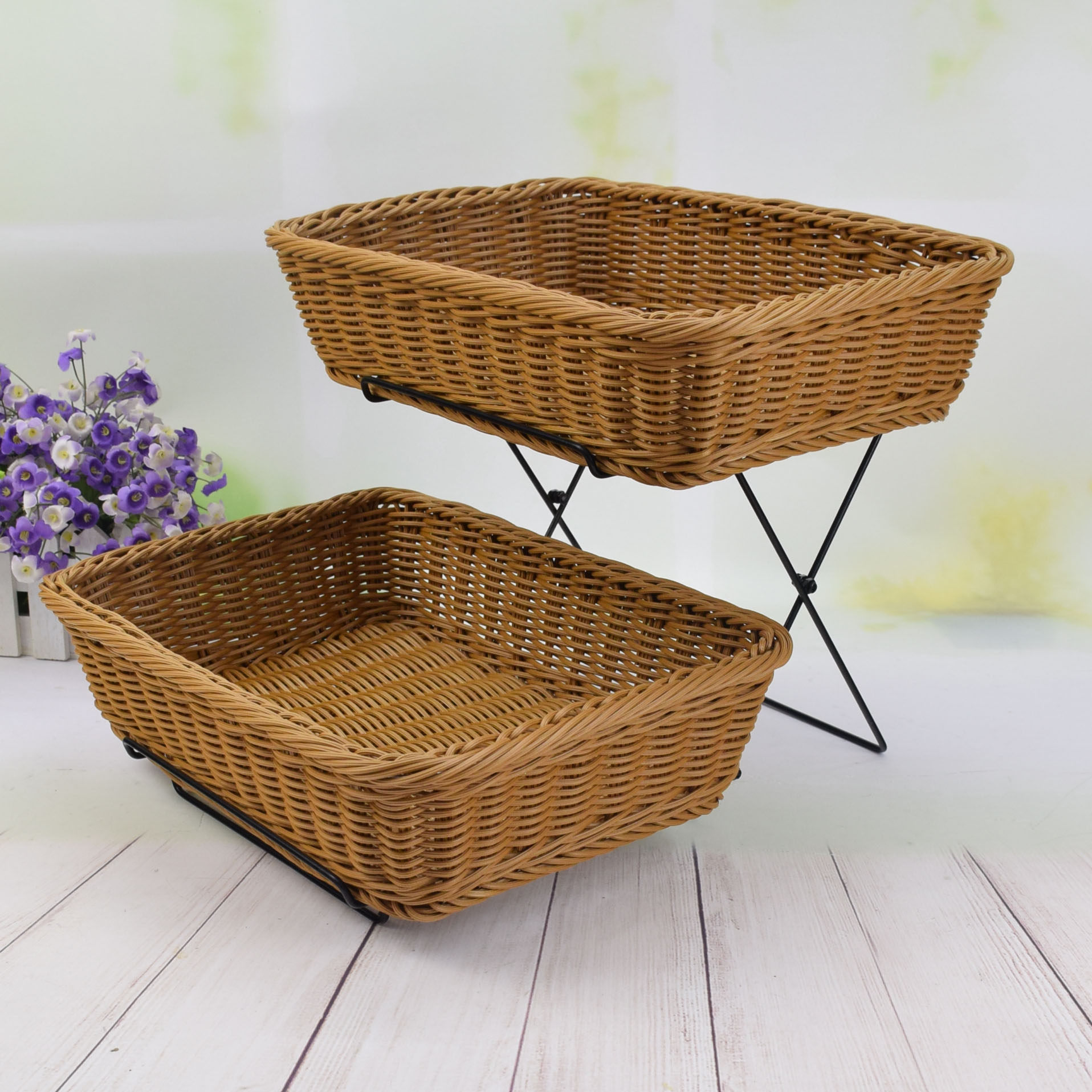 Creative double wrought iron fruit basket rattan blue drain bamboo basket personalized plastic rattan woven bread display basket