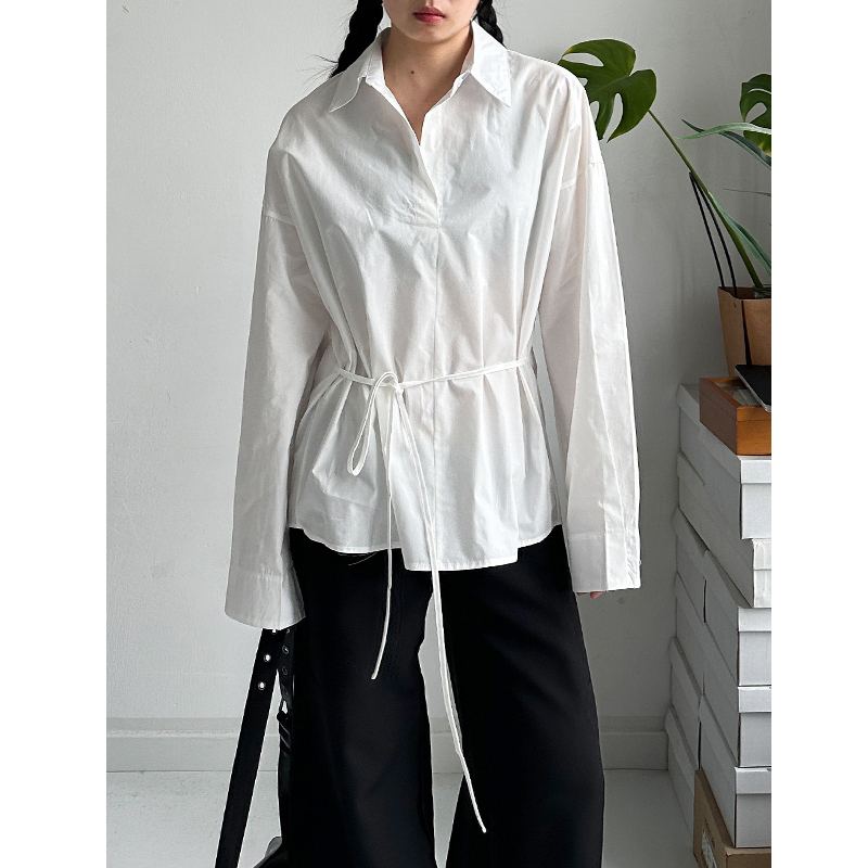 Addict-Free Niche Korean Style Pure Cotton Shirt for Women, Spring 26, Tie-Waist, Slimming, Pullover, High-End Blouse Shirt