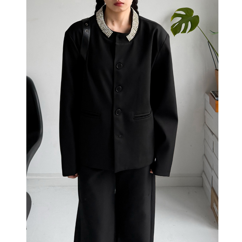 Non-Addictive, Niche, High-End, Heavy-Duty Rhinestone-Embellished Round-Neck Chanel-Style Blazer, Loose Casual Suit for Men and Women