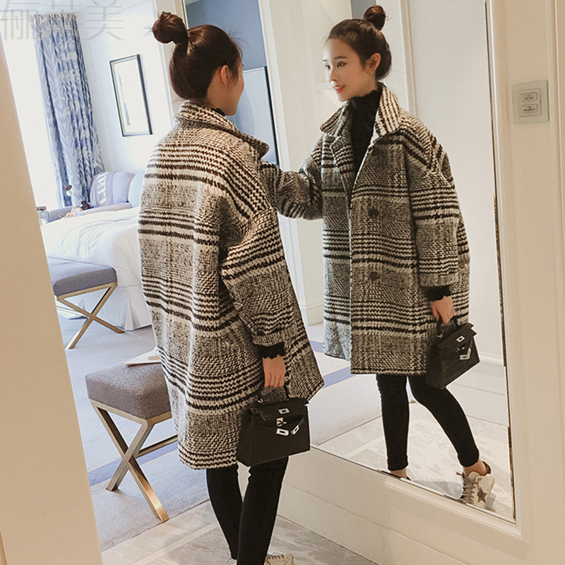 Maternity wear autumn top 2022 new Korean version houndstooth plaid coat mid-length woolen coat autumn and winter