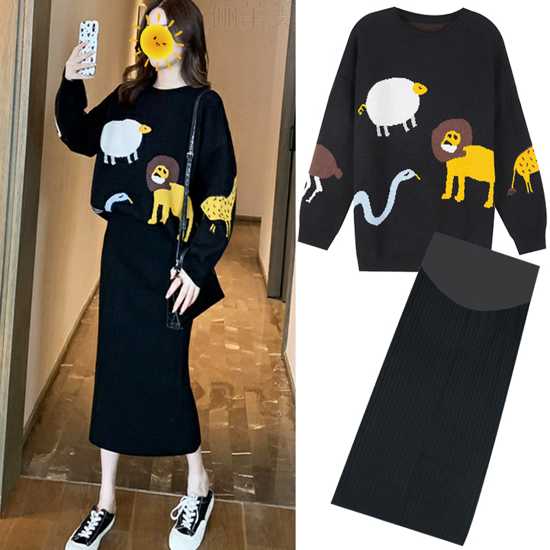 Pregnant Woman Autumn Kits Fashion Cartoon Printed Loose Tide Moms Sweater Women Autumn Winter Clothing Knitted Tobellied Dress Two Sets-Taobao