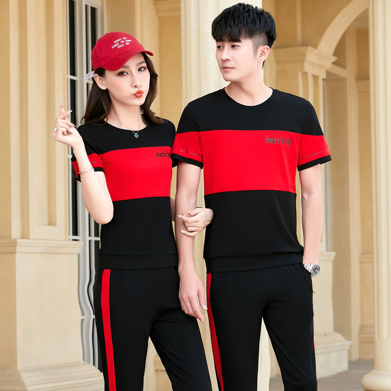 Couple sports suit 2020 new summer clothes Korean version casual workout short sleeve long pants men and women sportswear two sets