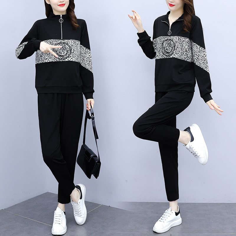 Large size women's clothing fat sister age-reducing fashion thick T-shirt suit 2021 autumn new Western style casual sports two-piece suit