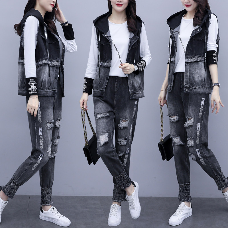 Sports suit women's spring and autumn 2021 new loose hooded denim three-piece fashion large size running casual wear