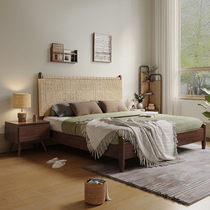 All solid wood rattan bed modern and simple medieval retro bed wabi-sabi wind bed B&B Japanese-style log wind bed rope woven bed