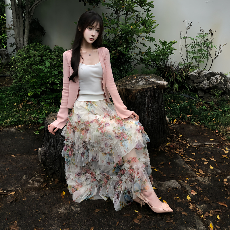 Milyroom Pink Knitted Cardigan Jacket for Women Spring Long-Sleeved Sweater Suspender Cake Floral Skirt Suit