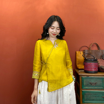 (Hangzhou Hiriu Apparel) Chinese Wind Embroidered Cardiovert 2021 Summer Ethnic Wind Sky Cotton Blouse