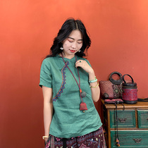 (Hangzhou Hiriu dress) Linen embroidered blouses national wind short sleeve small-shirt upright collar disc buckle 2021 Summer
