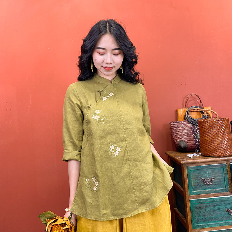 (Hangzhou Xiliu Clothing) 2021 Summer Women's Top Chinese Embroidered Stand Collar Small Shirt Loose Commuter - Taobao