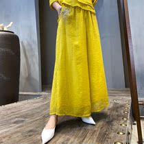 (Hangzhou Hireu Clothing) China Wind Embroidery Broadlegged Pants Summer Day Silk Cotton Embroidered Zen Tea Bank