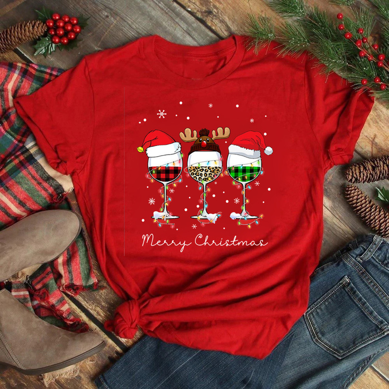 Merry Christmas Christmas Wine Glass Red New Year Party Short-Sleeved T-Shirt for Men and Women Merry Christmas Christmas Wine Glass Red New Year Party Short-Sleeved T-Shirt for Men and Women