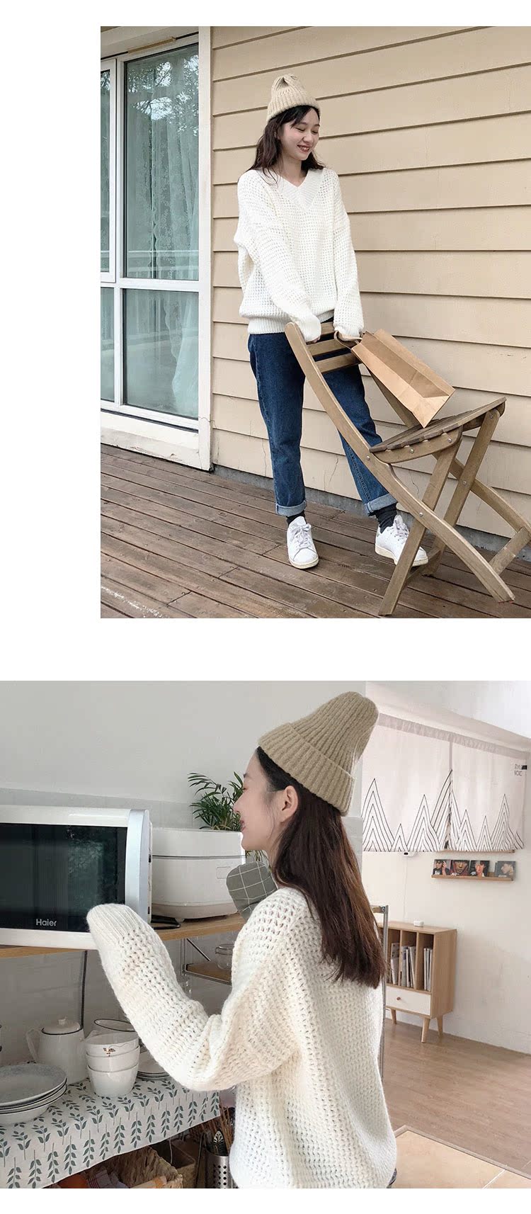 Miki / Nhật Bản trắng cổ chữ V áo len nhỏ len áo len lỏng lẻo mặc mùa thu đông áo len khoác ngoài