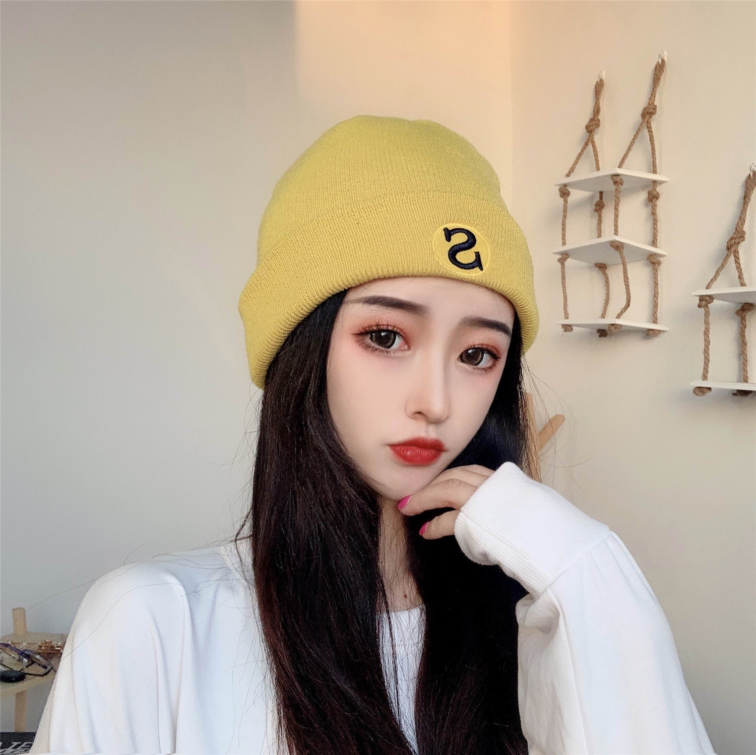 S letter embroidered blue woolen hat female autumn and winter Korean style all-match warm knitted hat Japanese winter cold hat male - Taobao