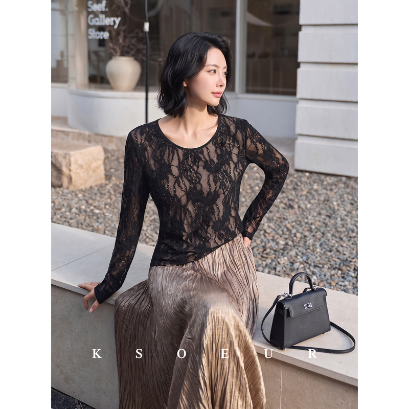 K Sister Ksoeur【Embossed Lace Blouse】Stretchy Velvet-Like Lace Slim Fit U-Neck Atmospheric Blouse for Women